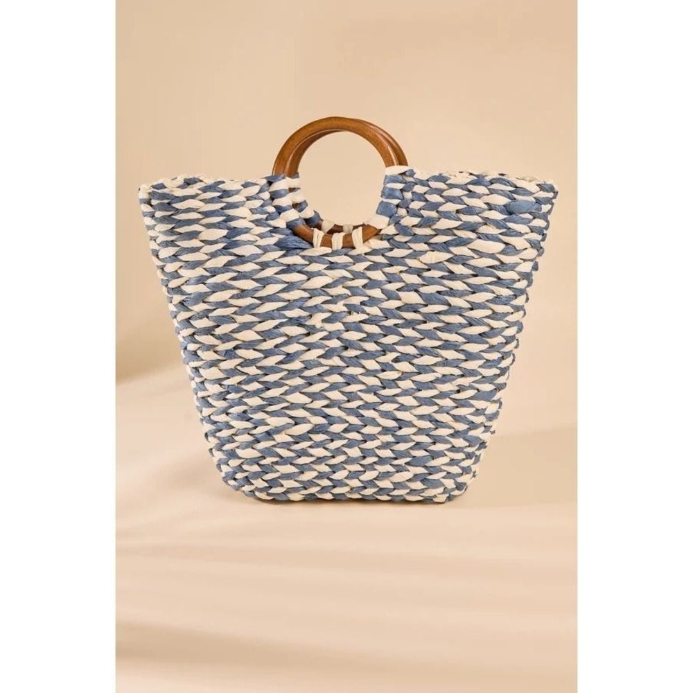 Altar'd State Blue Cream Woven Straw Tote Bag with Wooden Handles and Pouch